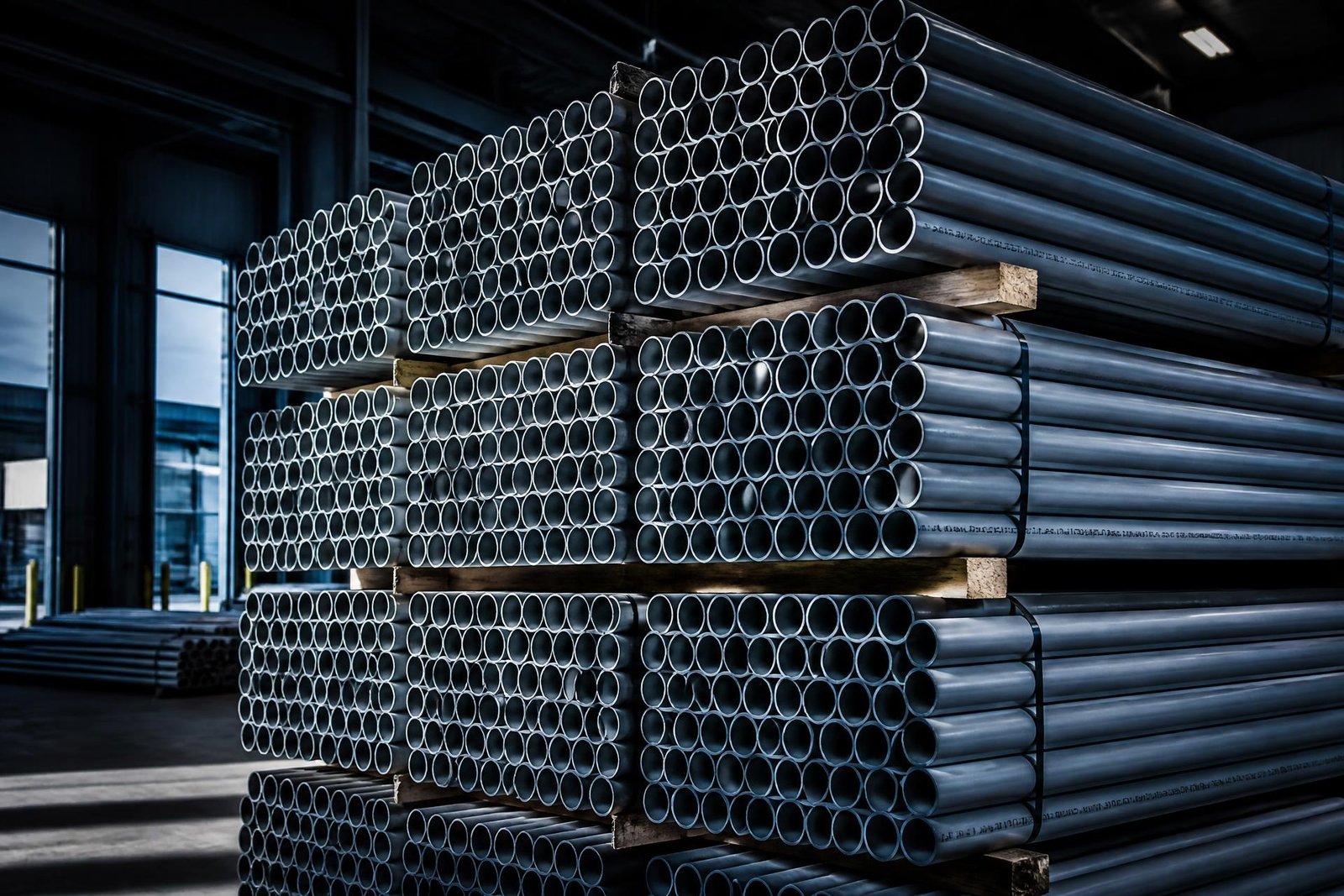 Bundles of grey rigid electrical conduit pipe stacked in a supply warehouse