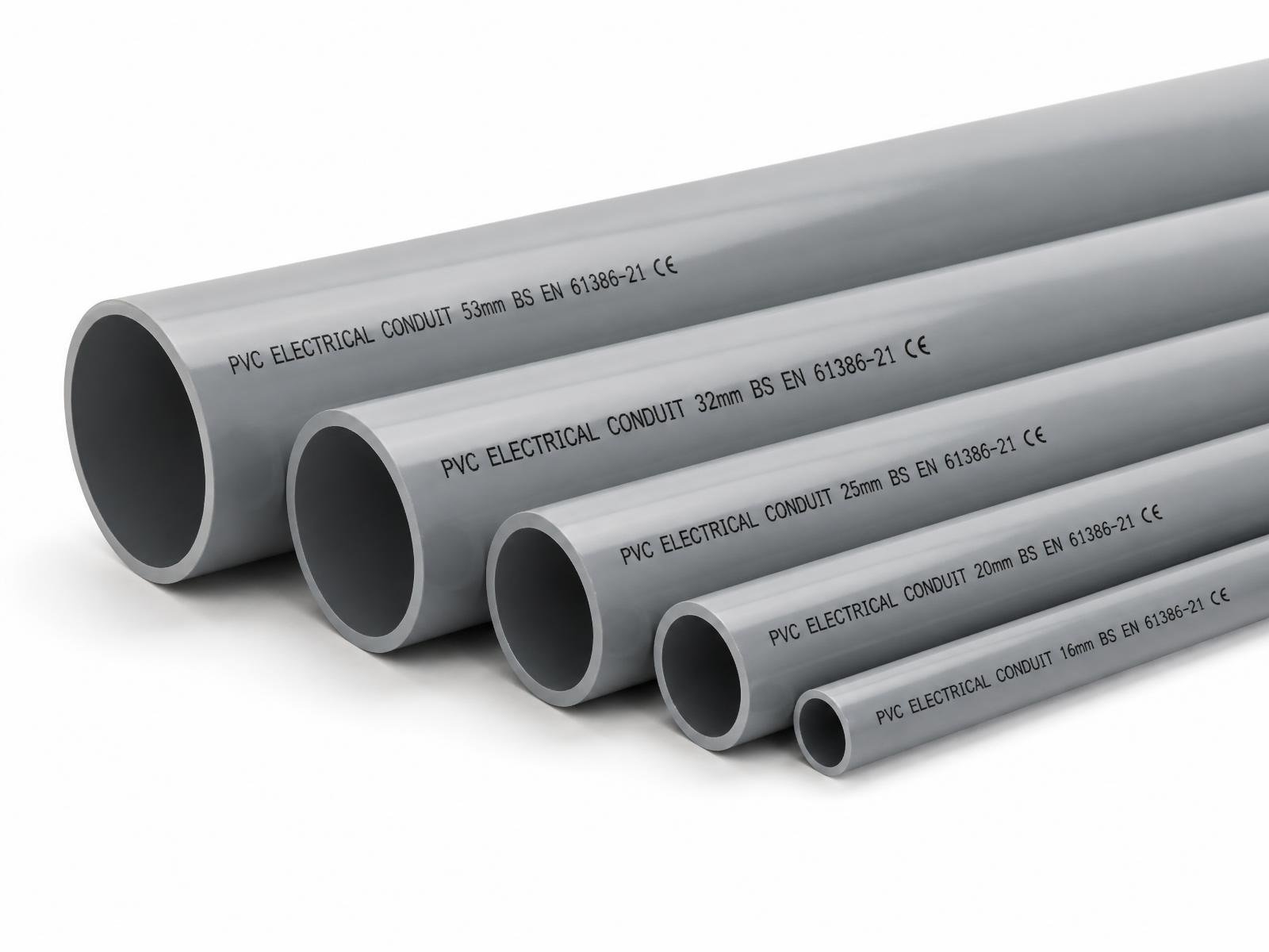 Grey rigid electrical conduit pipe lengths in multiple diameters